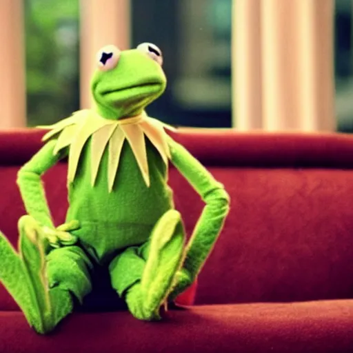 Image similar to candid photo of kermit the frog sitting on the couch holding a bong, kermit the frog in ted ( 2 0 1 2 ) bong rip, kermit the frog, high resolution photo, trending on artstation, interior design, bong!!!!,