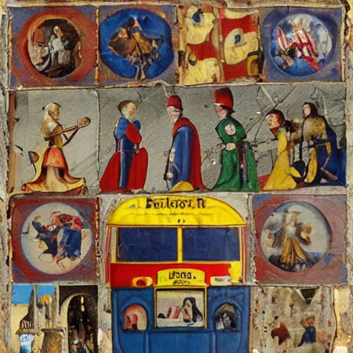 Image similar to medieval bus carrying jesters, collage