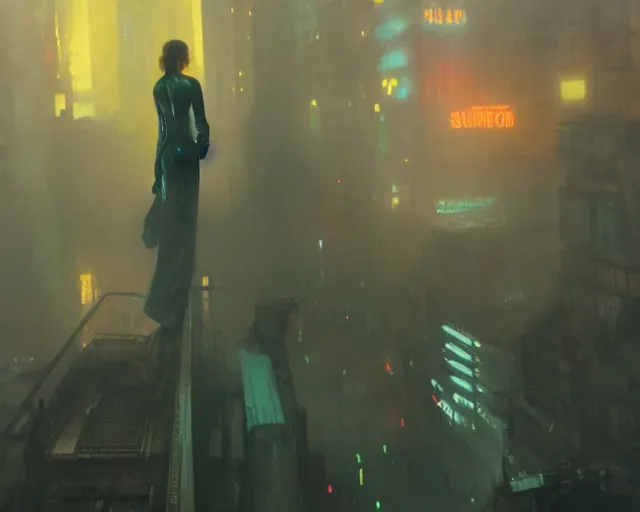 Image similar to 2 0 1 8 blade runner movie still girl look at the cityscape from roof perfect face fine realistic face pretty face reflective polymer suit tight neon puffy jacket blue futuristic sci - fi elegant by denis villeneuve tom anders zorn hans dragan bibin thoma greg rutkowski ismail inceoglu illustrated sand storm alphonse mucha