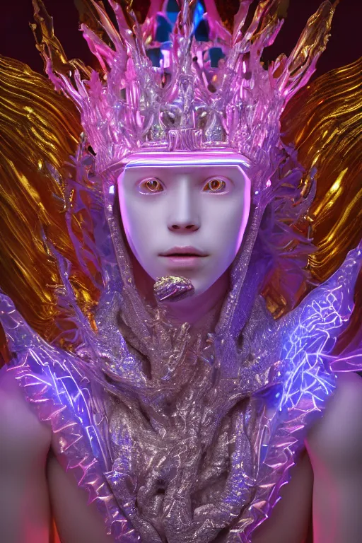 Image similar to hyper detailed ultra sharp portrait of baroque and bladerunner delicate neon diamond sculpture of seductive muscular albino young king, diamond pink sphinx iridescent humanoid deity wearing metallic hoody made out of hands holding the sun prismatic dungeon, glowing blue face, crown of white diamonds, cinematic lighting, photorealistic, octane render 8 k depth of field 3 d