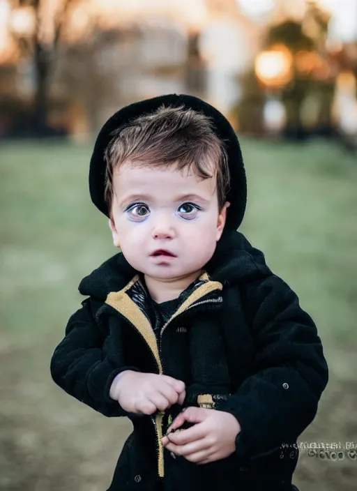 Prompt: a personal close up portrait of a 1 week old baby from switzerland, his hair is brown and short, his eyes are green, his face is symmetric and friendly, he's proud to be where he is in life, black jacket, ambient light, beautiful composition, magazine photography, full frame, 5 0 mm, f 1. 8