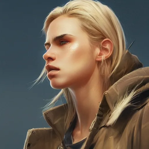 Prompt: hot looking blonde girl wearing jacket, light stubble, digital art, photorealistoc, art by greg rutkowski, hyperdetailed, western comic style, comic, comic style, sharp lineart, professional lighting, deviantart, artstation, trevor henderson, rossdtaws, cinematic, dramatic