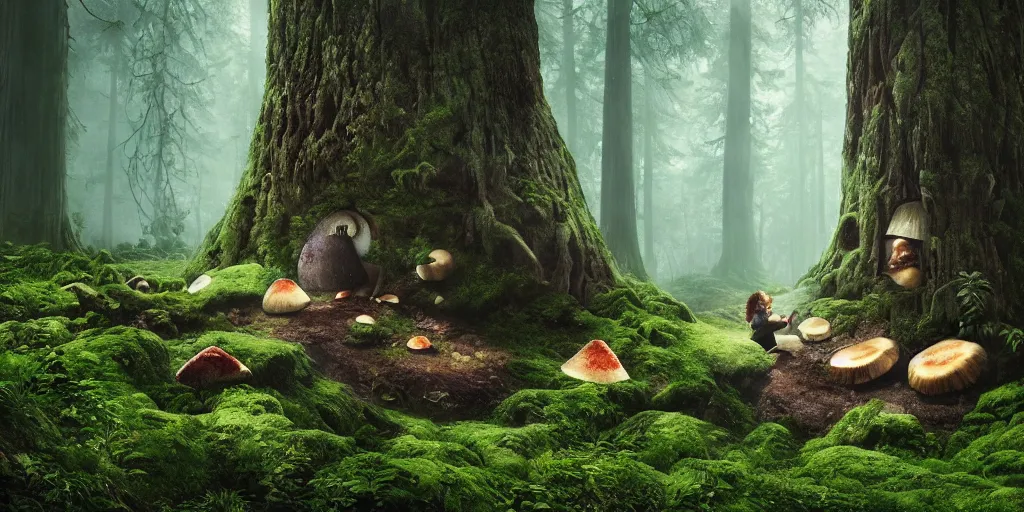 Image similar to Photo by Filip Hodas of the cinematic view of the Forest of the Giants, a troll is eating a giant mushroom, photorealism, photo taken with canon 5D