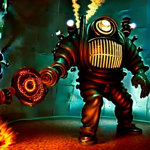 Prompt: big daddy bioshock terrorizing a city drill arm destruction