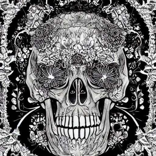 Prompt: detailed rotten skull corpse with fractal plants and fractal flowers and mushrooms growing around, symmetrical, ornate, ornamentation, illustration, in the style of onz _ blk, black and white