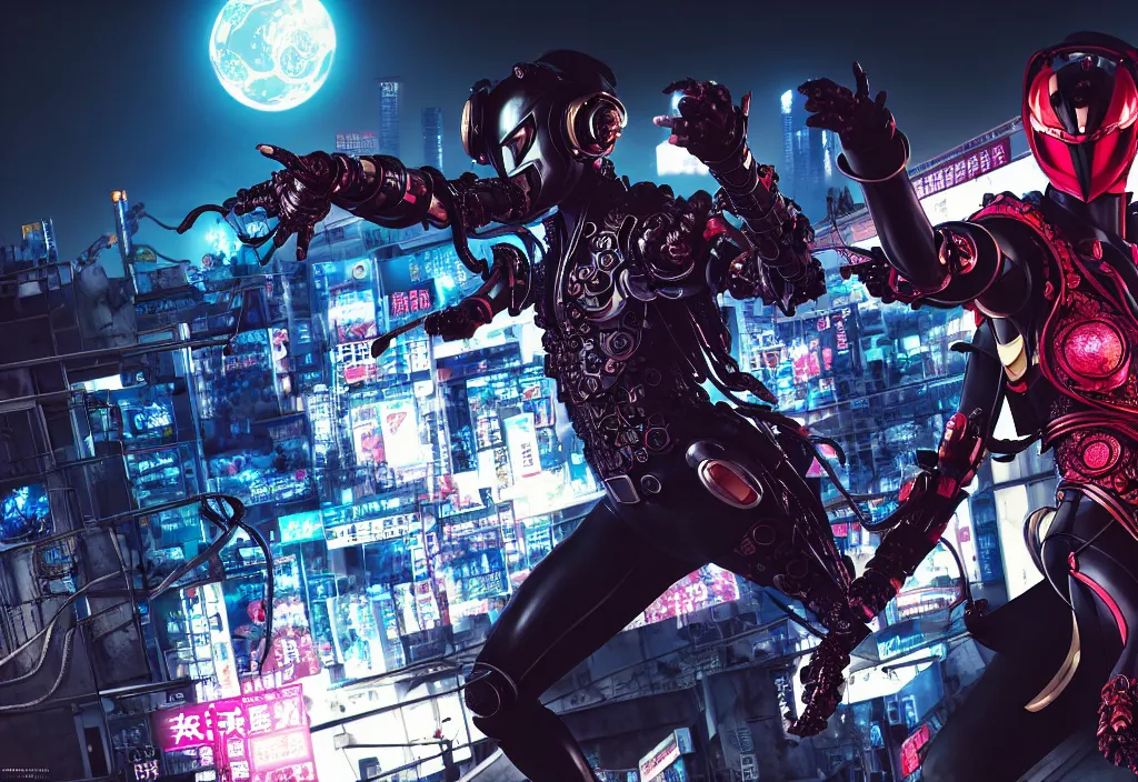 Image similar to kamen rider action pose, human structure concept art, human anatomy, full body hero, intricate detail, hyperrealistic art and illustration by irakli nadar and alexandre ferra, global illumination, on tokyo cyberpunk night rooftop, frostbite engine