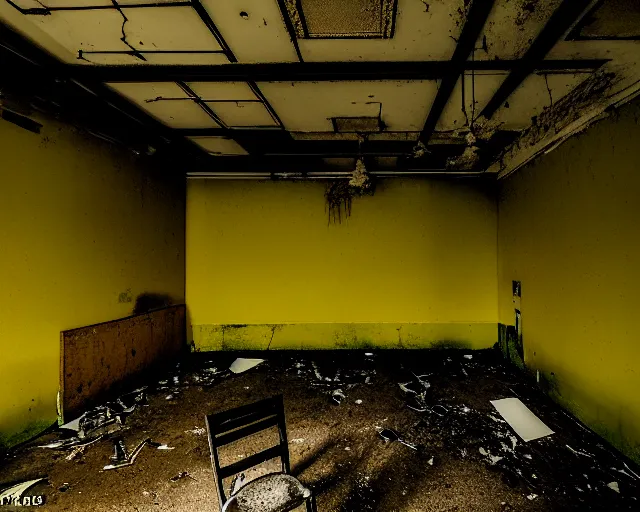 Image similar to the backrooms, the eerie forlorn atmosphere of a place that's usually bustling with people but is now abandoned and quiet, walls with tone of yellow, buzzing fluorescent lights, unsettling images