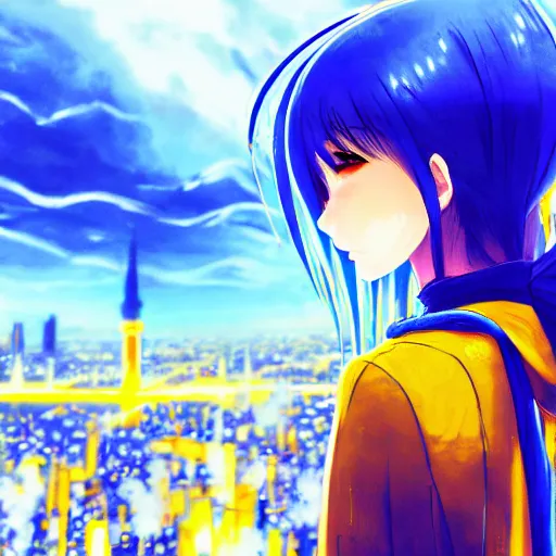 Image similar to anime ukrainian girl, in blue and yellow clothes, watching explosions in big city, concept art, trending on artstation, highly detailed, intricate, sharp focus, digital art, 8 k