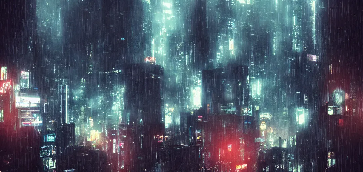 Prompt: shot of the roof with single man sitting on the edge during rain, below impressive cyberpunk night city during great rainy storm with lightning, nightscape, futuristic architecture, realistic photo, neons, blade runner, akira style, cinematic lighting, cinematic angles