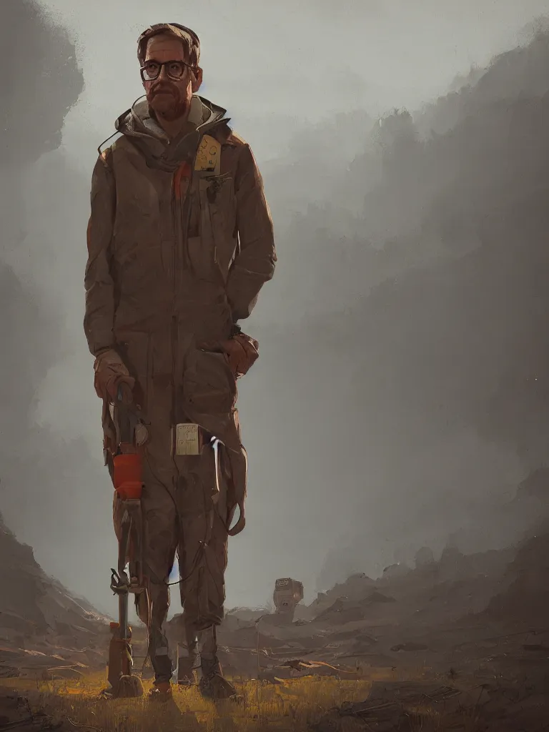 Prompt: a portrait of a researcher like indianer jones in a painting from stalenhag, 4 k, 8 k, hdr, artstation, concept art