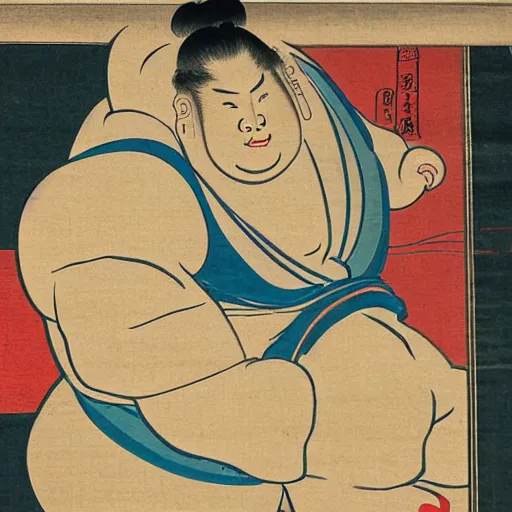 Image similar to edo period japanese print of a sumo wrestler using a computer