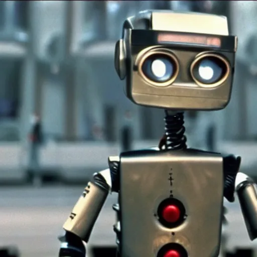 Image similar to robot Johnny 5 in Short Circuit 1986, cinematic still by Nick McLean