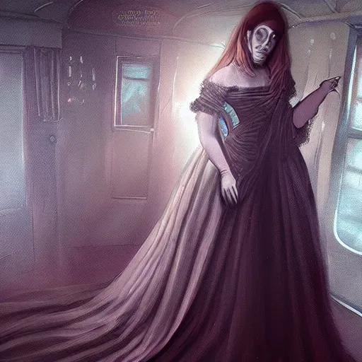 Image similar to “hyper realistic digital painting of ghost woman in Victorian gown on haunted train, horror, trending on artstation, atmospheric lighting”