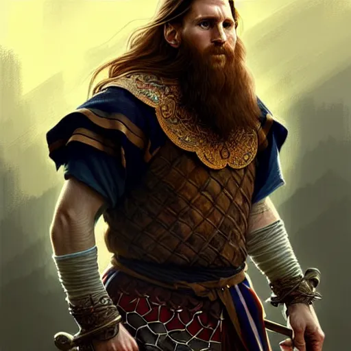 Image similar to Messi as a viking, D&D, fantasy, intricate, elegant, highly detailed, digital painting, artstation, concept art, matte, sharp focus, illustration, art by Artgerm and Greg Rutkowski and Alphonse Mucha