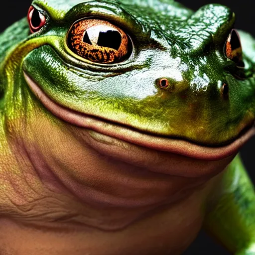 Image similar to hyperrealistic mixed media image of bullfrog with face info wars alex jones, stunning 3 d render inspired art by xiang duan and thomas eakes, perfect facial symmetry, hyper realistic texture, realistic, highly detailed attributes and atmosphere, dim volumetric cinematic lighting, 8 k octane detailed render, post - processing, masterpiece,