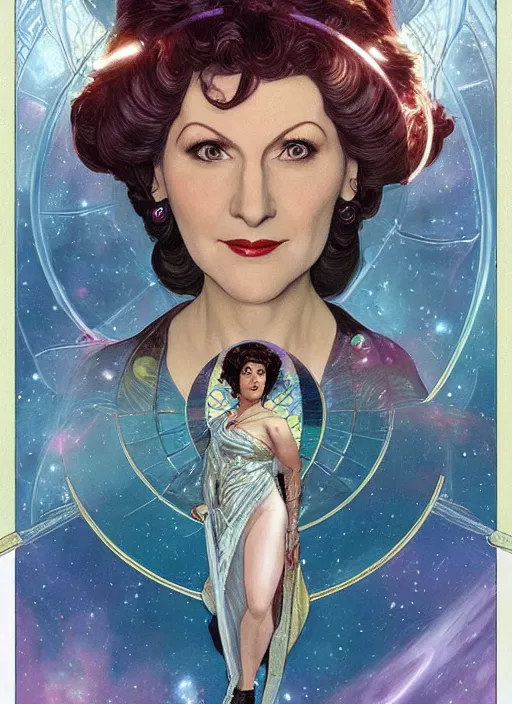 Image similar to a painting of majel barrett as lwaxana troi, space empress. beautiful art by artgerm and greg rutkowski and alphonse mucha