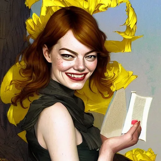 Image similar to a smiling emma stone wearing a yellow dress and reading a book, masterpiece, intricate, elegant, highly detailed, digital painting, artstation, concept art, smooth, sharp focus, illustration, art by artgerm and greg rutkowski and alphonse mucha and uang guangjian and gil elvgren and sachin teng, symmetry!!