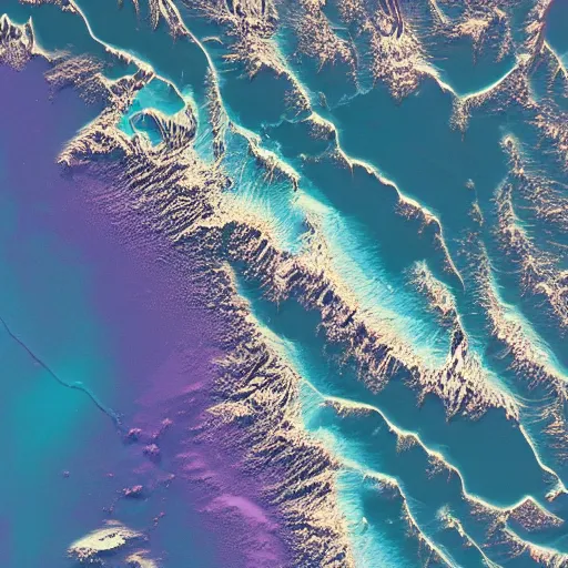 Prompt: musical mountain range and sea seen from space veridis color scheme