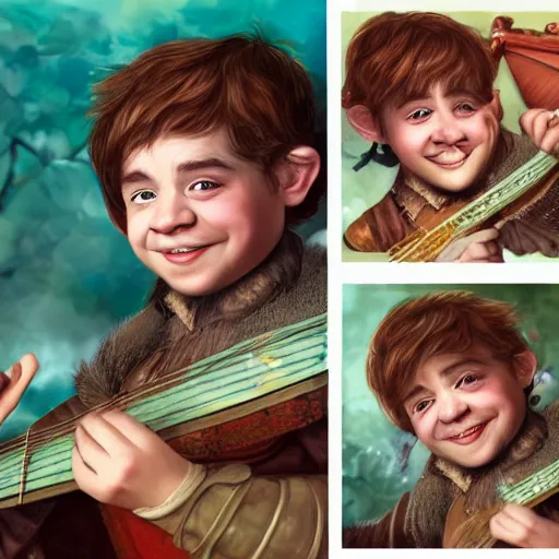 Image similar to hyper realistic portrait of a halfling male, happy, bard, singing, short hair, lute, intricate details, cinematic