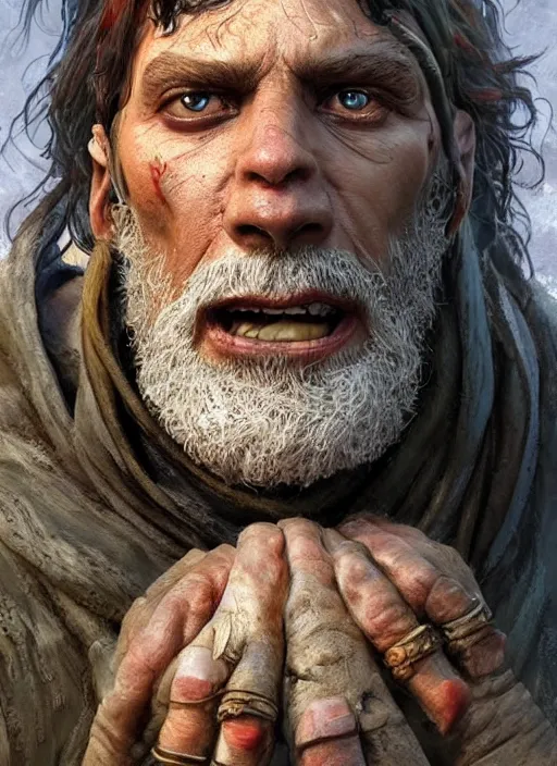 Prompt: poor dirty ugly beggar, ultra detailed fantasy, dndbeyond, bright, colourful, realistic, dnd character portrait, full body, pathfinder, pinterest, art by ralph horsley, dnd, rpg, lotr game design fanart by concept art, behance hd, artstation, deviantart, hdr render in unreal engine 5