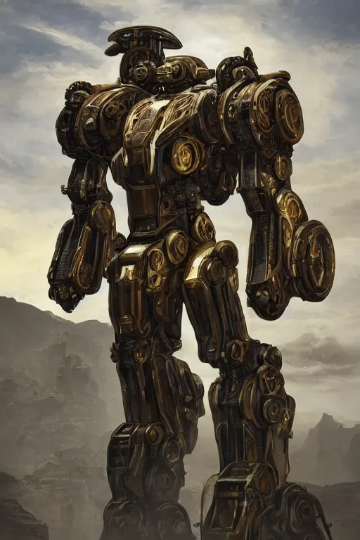 Image similar to realistic ancient mecha in a futuristic landscape designed by makoto kobayashi and luca zampriolo, portrait, cyberpunk style, wood and gold details, intricate, extremely detailed, ornate, deep of field, hard surface, exoskeleton, substance designer metal