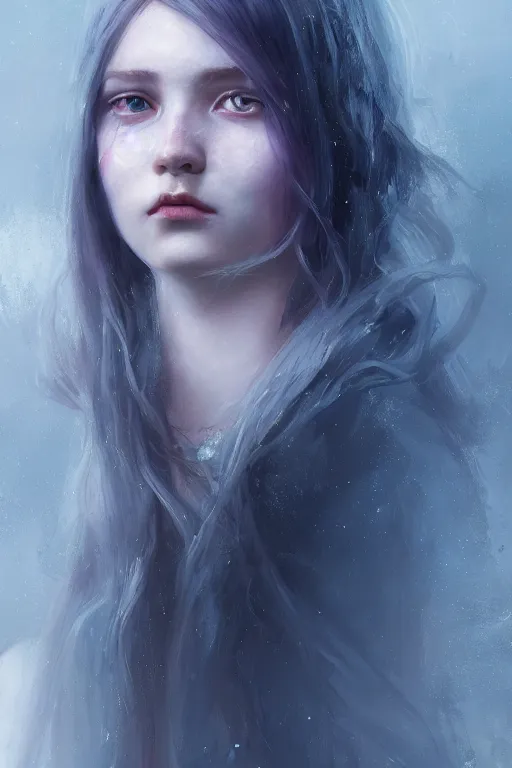 Image similar to a fancy portrait of a beautiful young girl with long blue hair and red eyes by greg rutkowski, sung choi, mitchell mohrhauser, maciej kuciara, johnson ting, maxim verehin, peter konig, bloodborne, 8 k photorealistic, cinematic lighting, hd, high details, dramatic, dark atmosphere, trending on artstation