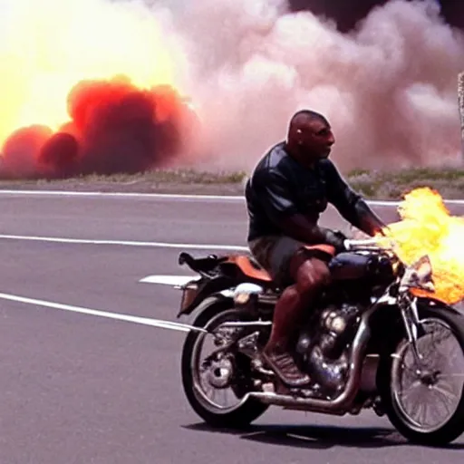 Image similar to mike tyson riding a motorcycle, explosion in the background