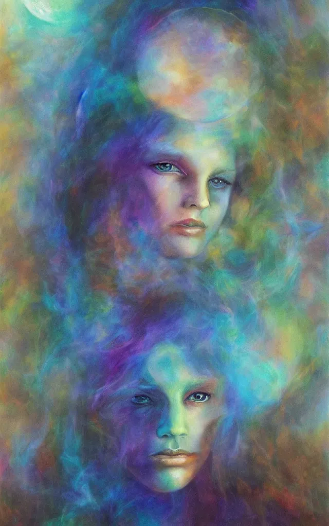 Prompt: iridescent spirit of desire and fear cruel beautiful spirit (androgynous) with golden eyes lunar mythos ambient fog, award winning oil painting, lunar color palette