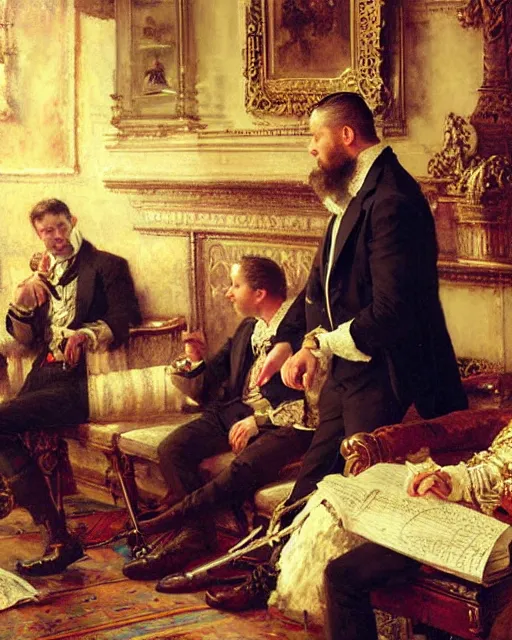 Image similar to tom hardy ( ( ( beard ) ) ) clean - shaven, rehearsing shakespeare to a room full of businessmen, painting by gaston bussiere, craig mullins, j. c. leyendecker