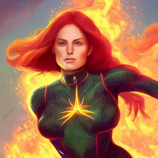 Prompt: full body portrait of jean grey, symetry, perfect face, green eyes, comic, phoenix rising, burning flames, intricate, detailed, volumetric lighting, scenery, digital painting, highly detailed, artstation, sharp focus, illustration, concept art, ruan jia, steve mccurry