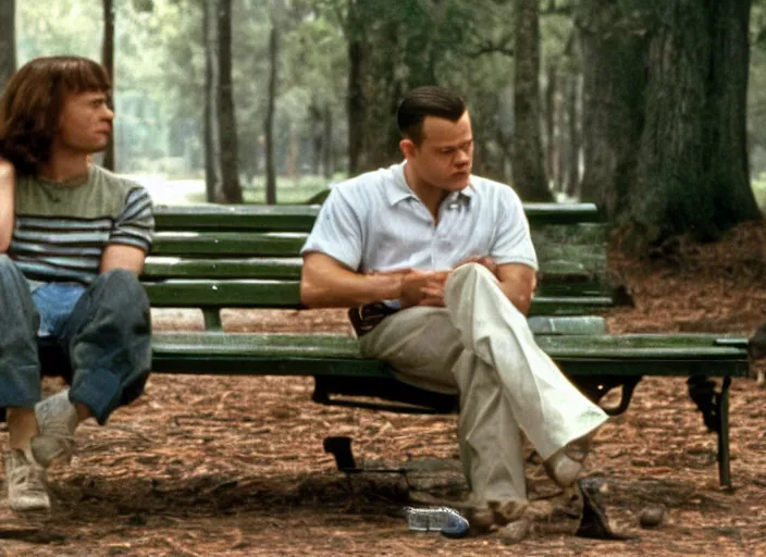 Prompt: film still of matt damon as forrest gump sitting on a bench in forrest gump, 4 k