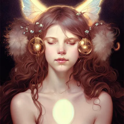 Prompt: Portrait of a girl angel with cream colored fuzzy frizzy hair, cat ears, glowing halo, wings, fantasy, intricate, elegant, highly detailed, digital painting, artstation, concept art, smooth, sharp focus, illustration, art by Krenz Cushart and Artem Demura and alphonse mucha