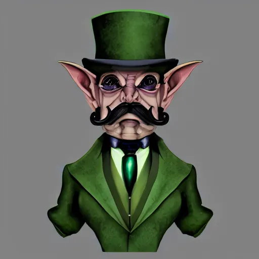 Image similar to a cartoonishly evil goblin, supervillain, top hat and luxurious handlebar moustache, green skin, cartoon style, d & d character portrait, victorian clothing, digital art, 8 k,