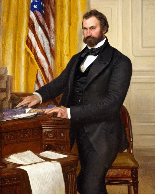 Prompt: close - up portrait of the united states president, thanos, standing at the resolute desk, 1 8 4 8, attractive, oil on canvas by william sidney mount, trending on artstation, national archives