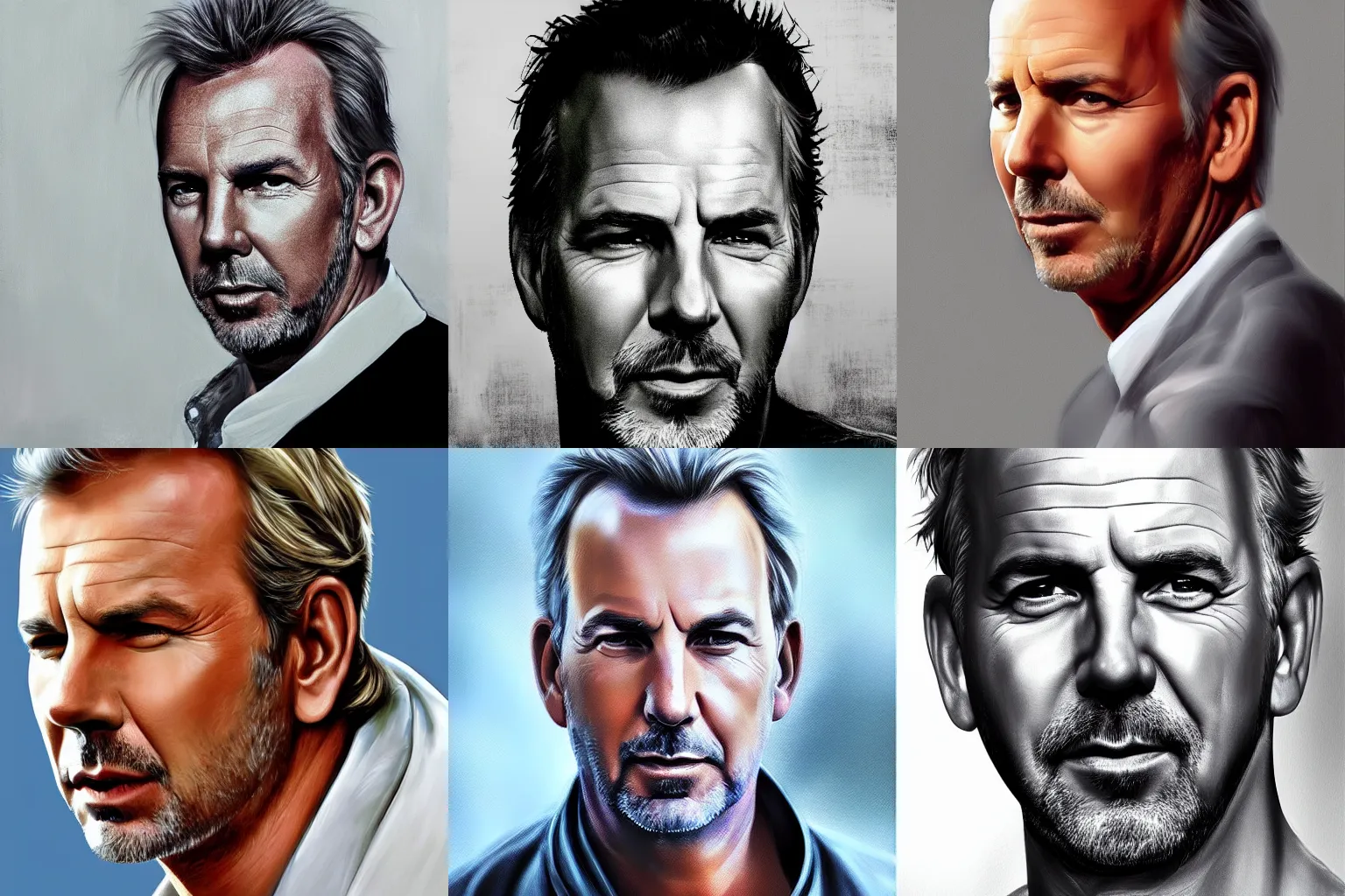 Prompt: kevin costner, portrait, digital paint, hyper realistic