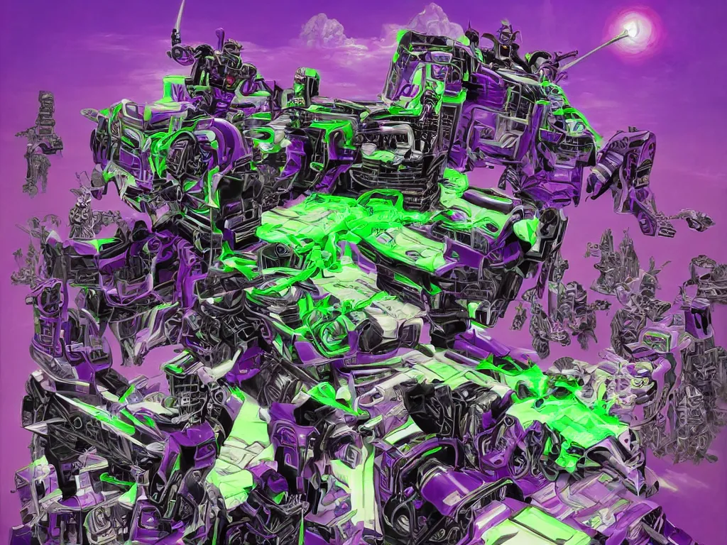 Image similar to portrait of cowboy johnny cash as purple green optimus prime from transformers riding on guitar zord ufo hoverboard, intricate, highly detailed, smooth, artstation, digital illustration by Lisa Frank and Ruan Jia and Mandy Jurgens and Artgerm and Wayne Barlowe and Greg Rutkowski and Zdislav Beksinski