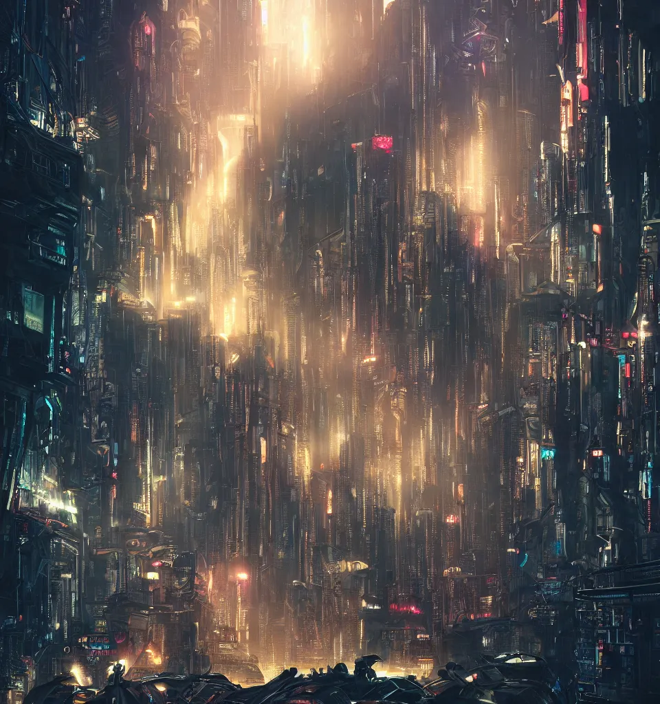 Image similar to cyberpunk metropolis, cinematic, highly detailed, octane render, rich cinematic atmosphere, perfect digital art, mystical journey in strange world, cyberpunk, sci - fi, surreal, glowing lights, sharp focus, high detailed, by akihiko yoshida, michael whelan and karol bak