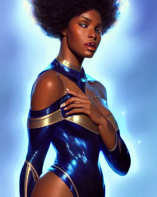 Prompt: Portrait of very very very very very very beautiful black woman, spacesuit, blue eyes, intricate, elegant, highly detailed, digital painting, artstation, concept art, smooth, sharp focus, illustration, art by artgerm and greg rutkowski and alphonse mucha