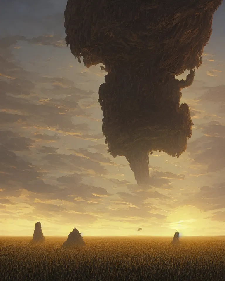 Prompt: wide shot of a tall and thin rocky and organic alien structure hovering in the air 6 feet above a cornfield, late afternoon, golden hour, dramatic lighting, cinematic, highly detailed, smooth, sharp focus, concept art by greg rutkowski and stanley lau and syd mead