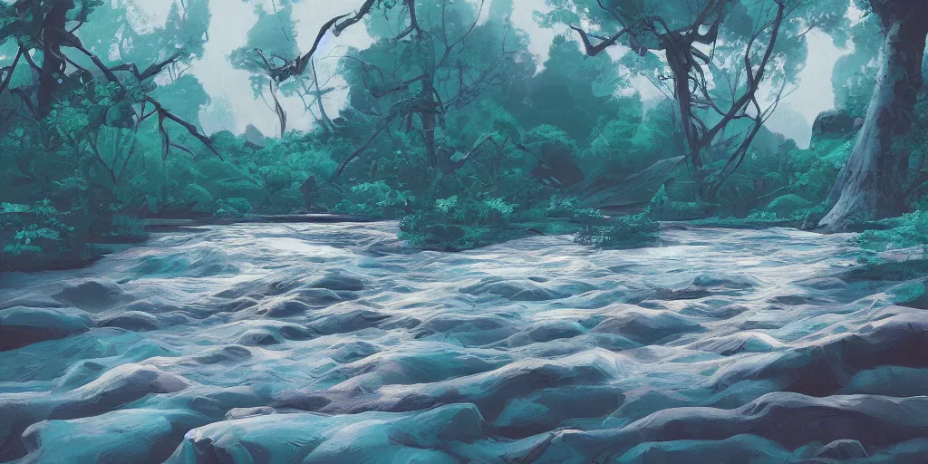 Image similar to abstract 3d landscape painting with a river at noon by james jean and David Schnell painted in no mans sky style, redshift, octane