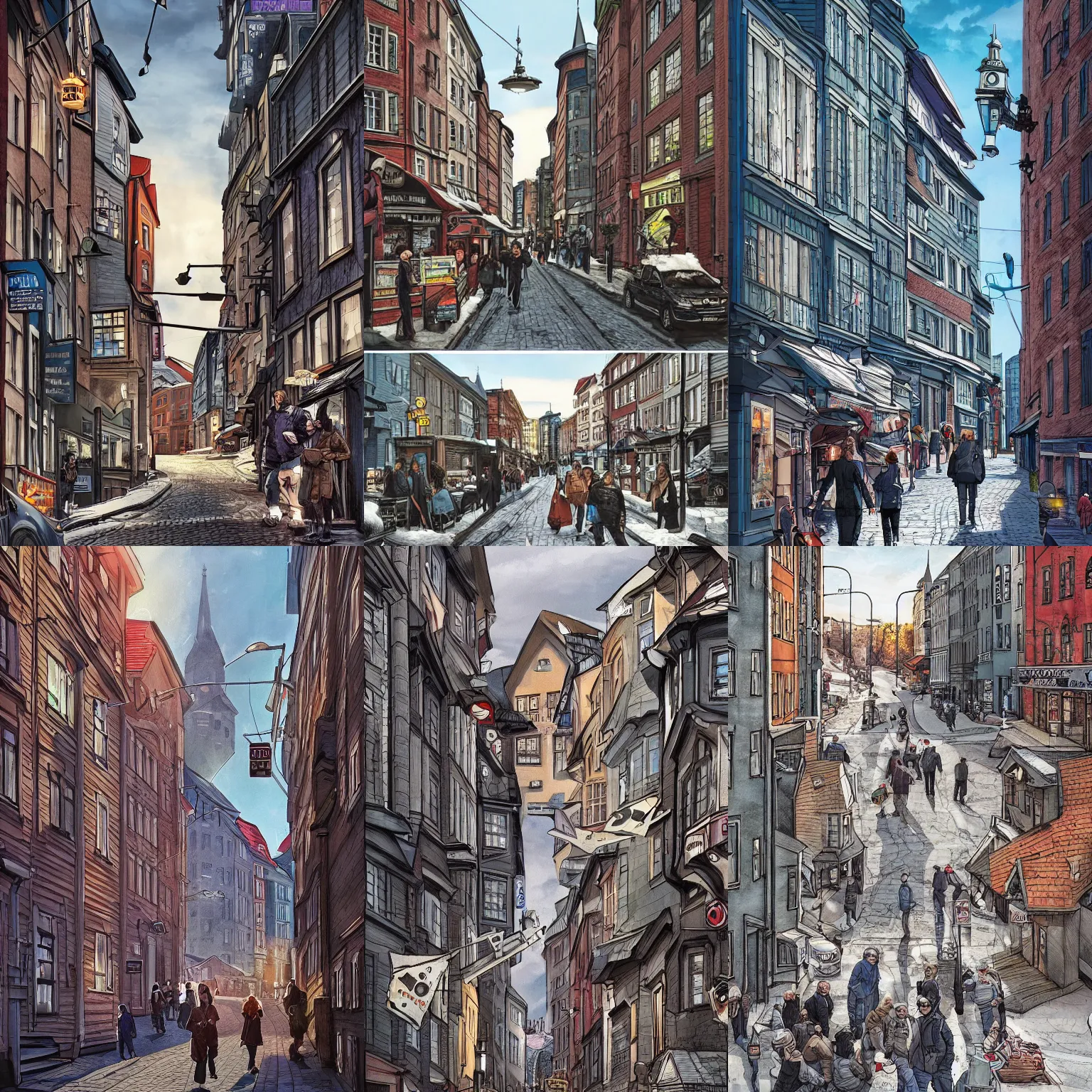 Prompt: A comic book cover of a street scene in Oslo in Norway, very detailed, hyper-realistic, photo-realistic, beautiful, trending on Artstation