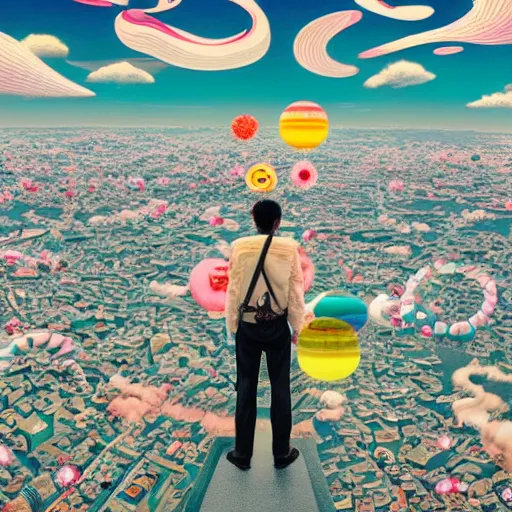 Image similar to a man walking on clouds away from the camera above kyoto by takashi murakami, beeple and james jean, aya takano color style, 4 k, super detailed, modern, 4 k, symmetrical