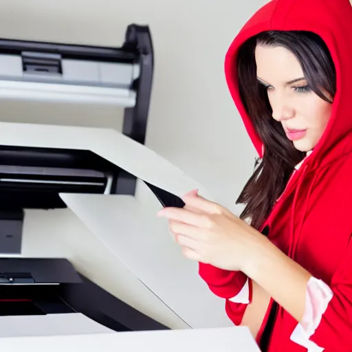 Prompt: red hooded sexy girl having trouble getting the printer going, high detail