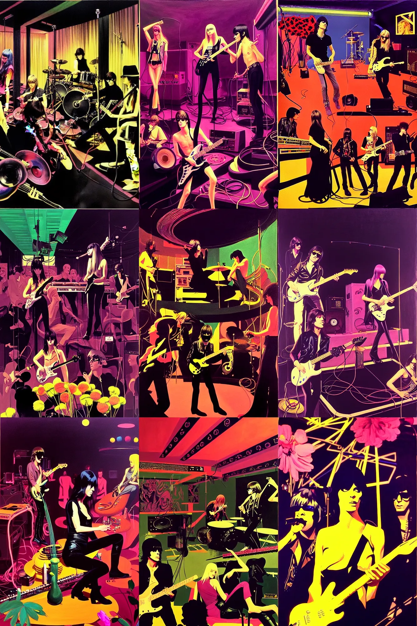 Prompt: the velvet underground and nico playing live on stage at a night club, beautiful stage decoration with flowers in the background, painting by syd mead, very detailed and colorful and toned down and ornamental and moody and cool and relaxed and high on drugs, trending on artstation, behance contest winner