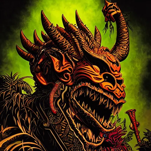 Image similar to side profile of barong family gargoyle, wiwek, mara demon, one single tribe member, jungle, one single mask, dark, tribal, inner glow, art by dan mumford and justin gerard