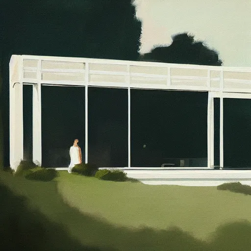 Image similar to farnsworth house painting by atey ghailan, character looking back, cinematic, masterpiece