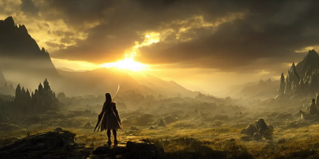 Image similar to a fairy in the lord of the rings scenery landscape, looking at the demon army in the distance, mysterious ， stream, sunrise, wallpaper ， god's rays highly detailed, vivid color, cinematic lighting, perfect composition, 8 k, gustave dore, derek zabrocki, greg rutkowski, belsinski, octane render