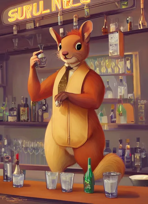 Image similar to squirrel anthro as a dapper bartender with a big, fluffy tail, retro futurism, art deco, detailed, painterly digital art by WLOP and Cory Loftis and Don Bluth, 🐿🍸🍋, furaffinity, trending on artstation