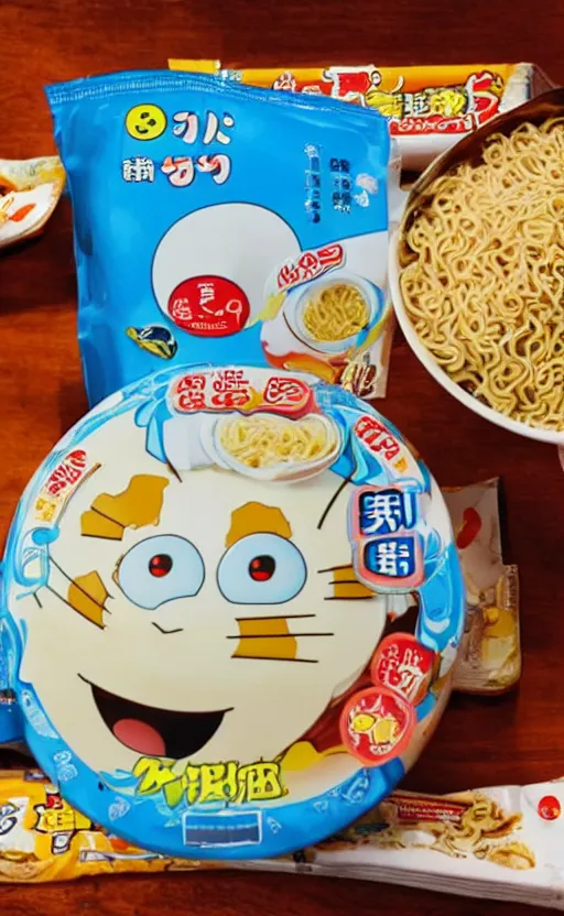 Prompt: White elephants eat instant noodles, Doraemon style.