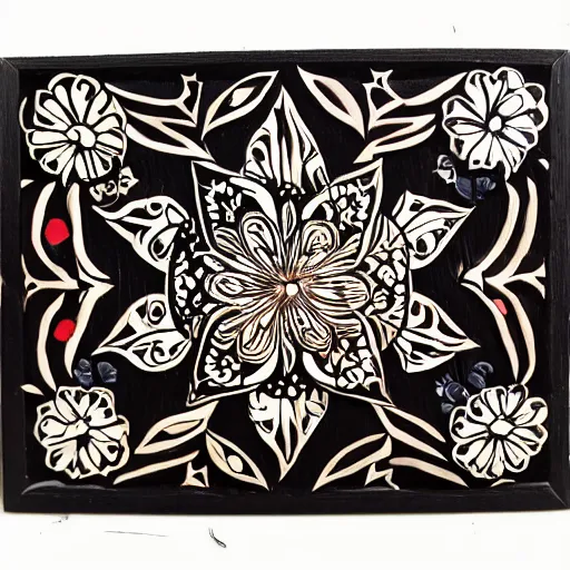 Prompt: Painted wood relief carving of Flowerpunk, explosion of flowers, intricately carved, fractal, tarot, black ink, holi